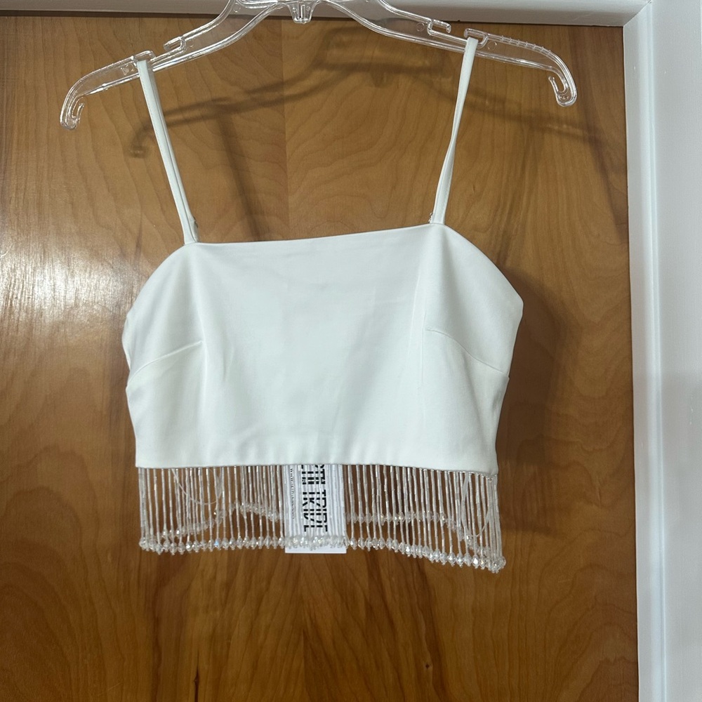 White Beaded Fringe Crop Top